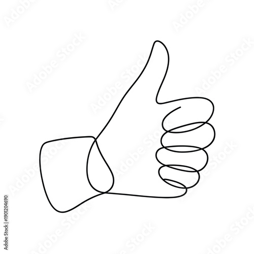 A minimalist continuous line drawing depicts a hand giving a thumbs up gesture