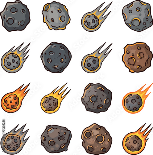 Vector illustrations of asteroids meteoroids and flaming comets for space exploration and science fiction concepts।