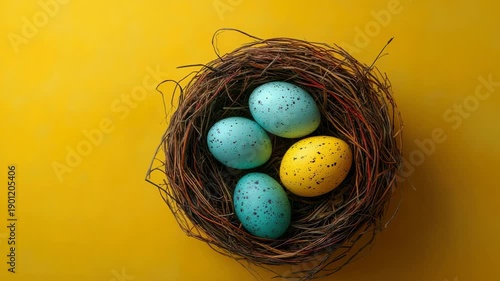 Wallpaper Mural Colorful eggs placed in a nest on a bright yellow background for spring celebration Torontodigital.ca