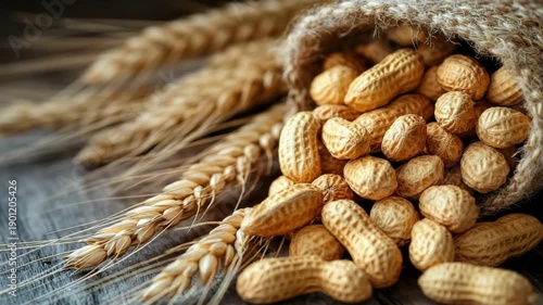 Wallpaper Mural Peanuts spill out of a burlap sack by wheat on a wooden table in a simple setup Torontodigital.ca