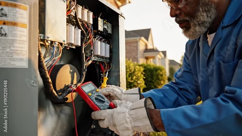 Professional technician performing maintenance on a residential air conditioning system outdoors, cinematic slow motion HVAC service inspection of external condenser unit at home exterior.