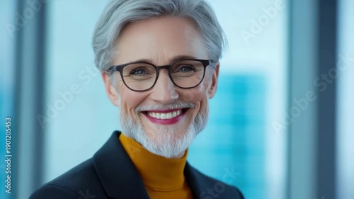 Wallpaper Mural Woman with gray hair and beard, wearing glasses, reflects in a modern office setting during the day Torontodigital.ca