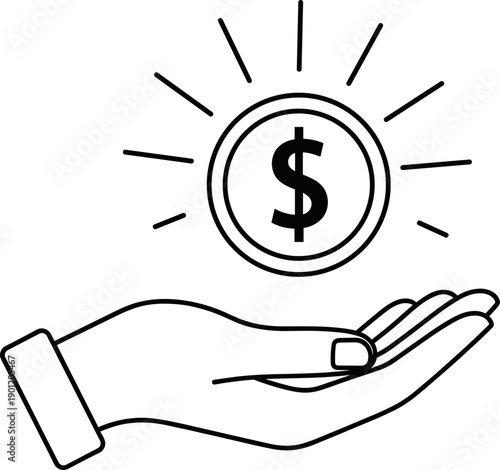 Financial growth icon featuring a hand holding a glowing dollar coin for investment wealth management and ROI,