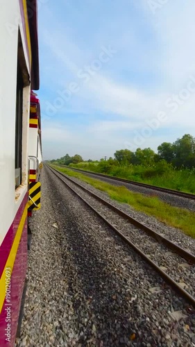 POV view from a moving train window traveling through the countryside in Thailand.