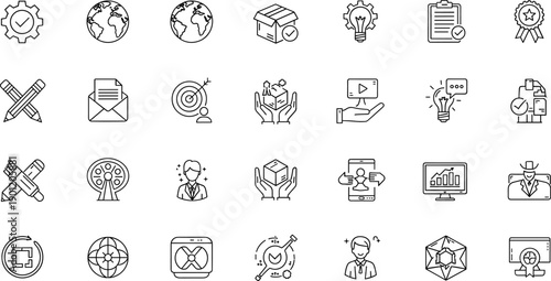 Large business line icon collection featuring global trade creative brainstorming data analytics logistics and corporate strategy symbols