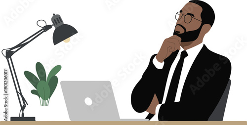 Thoughtful Businessman Working on Laptop at Office Desk