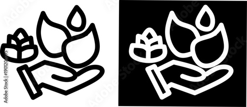 Hand-drawn eco care icon with hand holding leaves and water drop, black and white sketch style illustrating sustainability, nature protection, and environmental care concept.