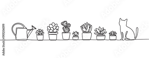 Simple line drawing depicts potted cacti a watering can and a seated cat