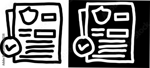 Hand-drawn document approval icons with shield and check mark, black and white sketch style illustrating verified files, security, compliance, and validation concept.