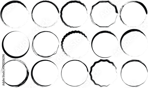 Collection of Black Grunge Ink Circle Frames and Textured Round Brush Strokes