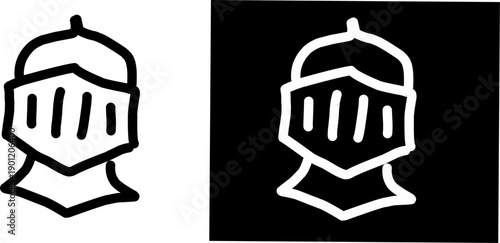 Minimal knight helmet icons shown in black and white, positive and negative versions side by side, ideal for logos, apps, medieval themes, and security!