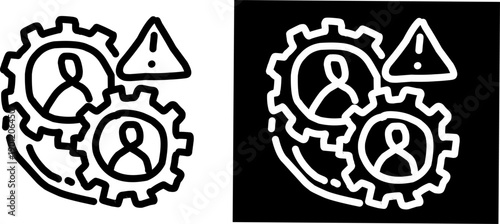 Minimal user management warning icon in black and white showing people inside gears with alert symbol. Clean line design for apps, UI, admin, and system alerts.