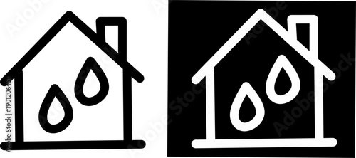 Minimal house humidity icon in black and white with water drops inside home outline. Clean line design ideal for apps, UI, HVAC, moisture, and climate control.