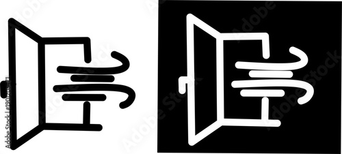 Minimal ventilation icon in black and white showing air flow through an open door. Clean line design ideal for apps, UI, HVAC, safety, and airflow concepts.