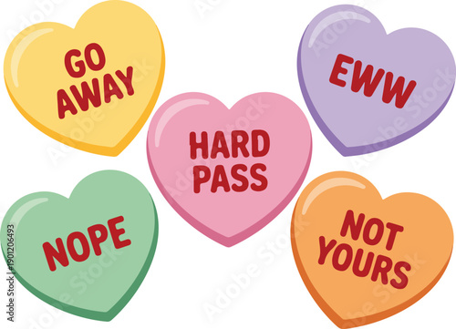 Anti-Valentine Candy Heart Sayings Line Art Set Funny Sweethearts with Sarcastic Messages