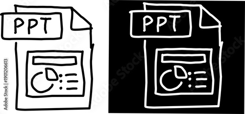 Minimal PPT presentation file icon in black and white, document with charts illustration shown on light and dark backgrounds, clean outline vector design.