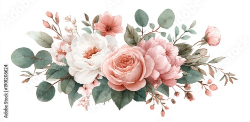 Wallpaper Mural Watercolor floral arrangement with various blooms, leaves, and buds on a white background Torontodigital.ca