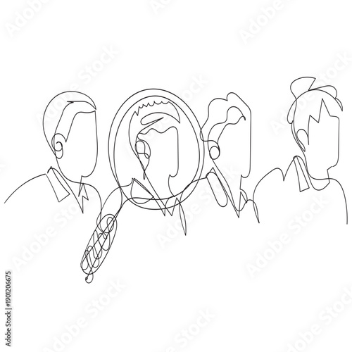 continuous line drawing employee person and magnifying glass symbol for human resource selection