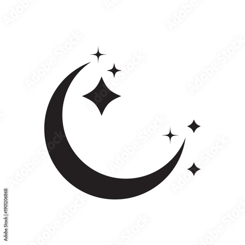 Crescent Moon and Star Icon, Solid Black Glyph Celestial Symbol Vector Isolated on White for Night, Ramadan, Islamic and Sleep App Design.