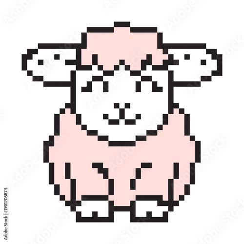 Cute pixel art lamb icon. 8-bit style fluffy pink sheep for Easter holiday. Retro gaming aesthetic animal character. Isolated vector illustration on white background.