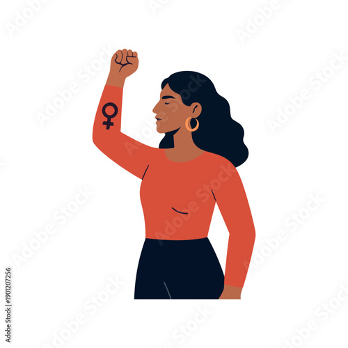 Empowered woman raising fist with feminist symbol on wrist