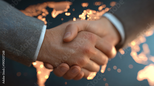 Two professionals engaging in a handshake, symbolizing agreement and collaboration in a global business environment.