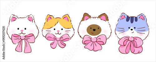 A set of cute cartoon hand-drawn images of a cat's head with a pink bow.