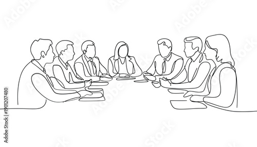 A continuous line drawing depicting a group of people at a boardroom table