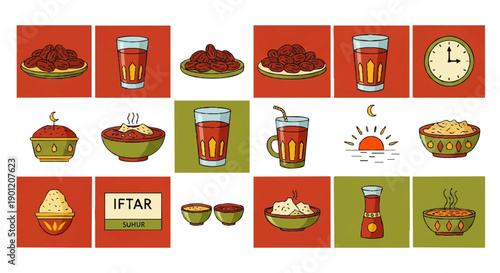 Ramadan Iftar Food and Drinks Icons Set.