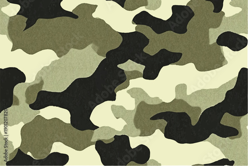 A camouflage pattern with an olive green, black, and white color scheme. The background ranges from dark brown to light gray. There should be no visible faces or human figures in the design.