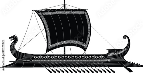 Ancient Greek trireme warship silhouette with sail and oars, classical naval vessel illustration for history, mythology, and maritime design projects