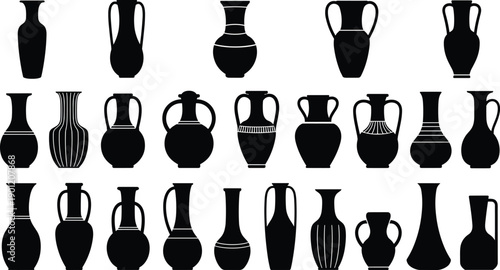 Collection of ancient ceramic vase silhouettes, classical pottery shapes set isolated for design, decoration, history, museum, and pattern inspiration projects