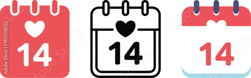 Valentine’s Day Calendar Icon Set February 14 Heart Date Line Art