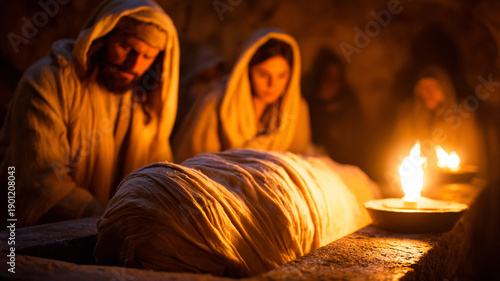 Easter Bible concept. The body of Jesus Christ in a white shroud in a cave. The Apostles and the body of Christ.