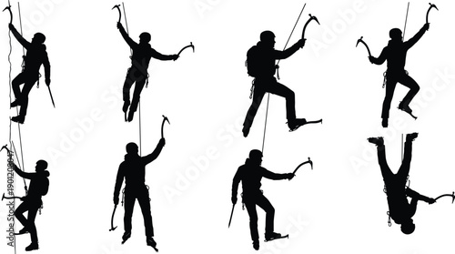 Set of climber silhouette illustrations with ice axe and rope, mountaineering adventure collection for sport, expedition, and outdoor activity design