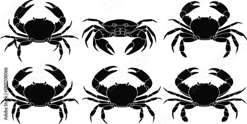 Set of crab silhouette illustrations in various poses, marine animal collection isolated for seafood branding, logo, tattoo, and coastal design