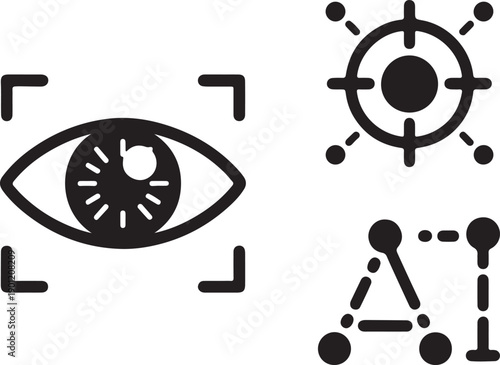 Computer vision with AI typography icon set, scanning eyes, object recognition flat black silhouette vector symbol