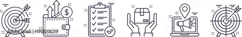 Professional business line icon set featuring target goals financial growth wallet checklist verification delivery and digital marketing