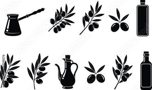 Set of olive oil and olive branch silhouette icons, Mediterranean food ingredient collection for cooking, agriculture, and organic product design