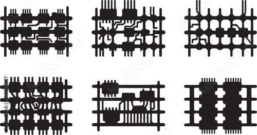 Deep learning layers silhouette, stacked logic boards flat black vector illustration art