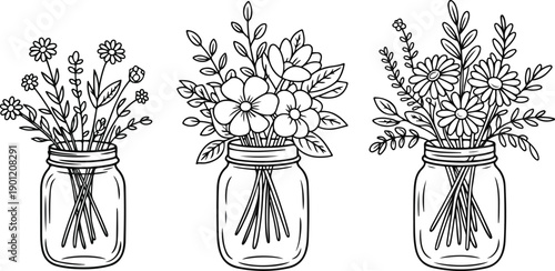 Wildflowers in Mason Jars Line Art Illustration