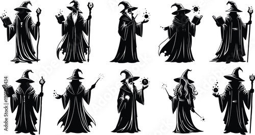 Set of wizard silhouette illustrations with magic staff, spell casting poses, and fantasy sorcerer characters for mystical design and artwork