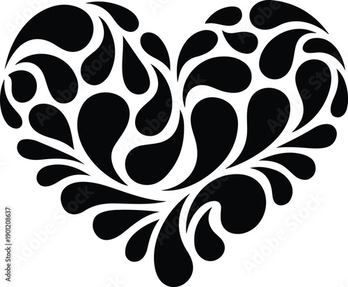 A black and white minimalist design of a heart created from flowing teardrop shapes.