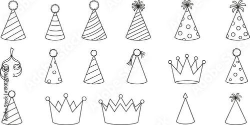 Party hat and crown outline icon set with celebration birthday festival accessories line vector illustrations isolated