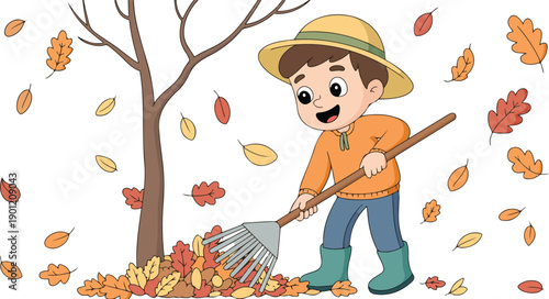Happy Boy Raking Autumn Leaves Cartoon Illustration