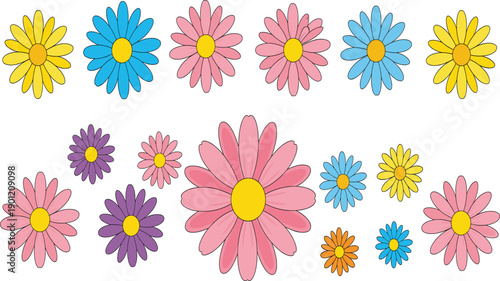 Vibrant daisy flower vector set with colorful pink blue yellow and purple blossoms for spring floral patterns or cheerful stationery design