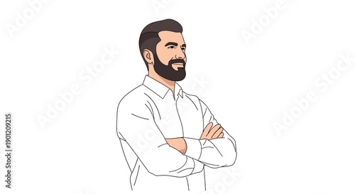 Confident bearded man with arms crossed, wearing a white shirt, portraying professionalism and a determined expression