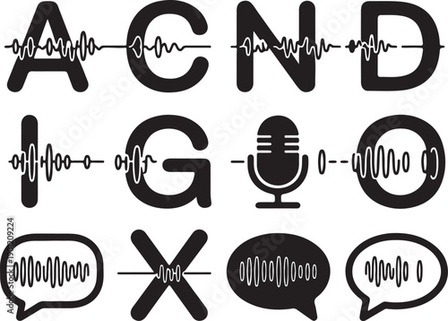 Natural language processing icon set, with typography, mike, microphone, text, speech flat black black vector silhouette symbols