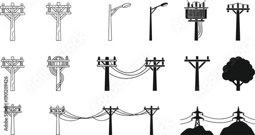 Utility pole and power line silhouette set with street lights cables transformers and tree vector illustrations isolated