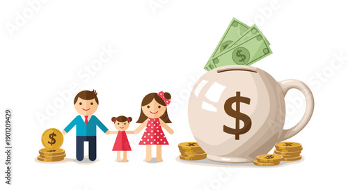 Cartoon family standing near a large money pot filled with banknotes and surrounded by golden coins, symbolizing family